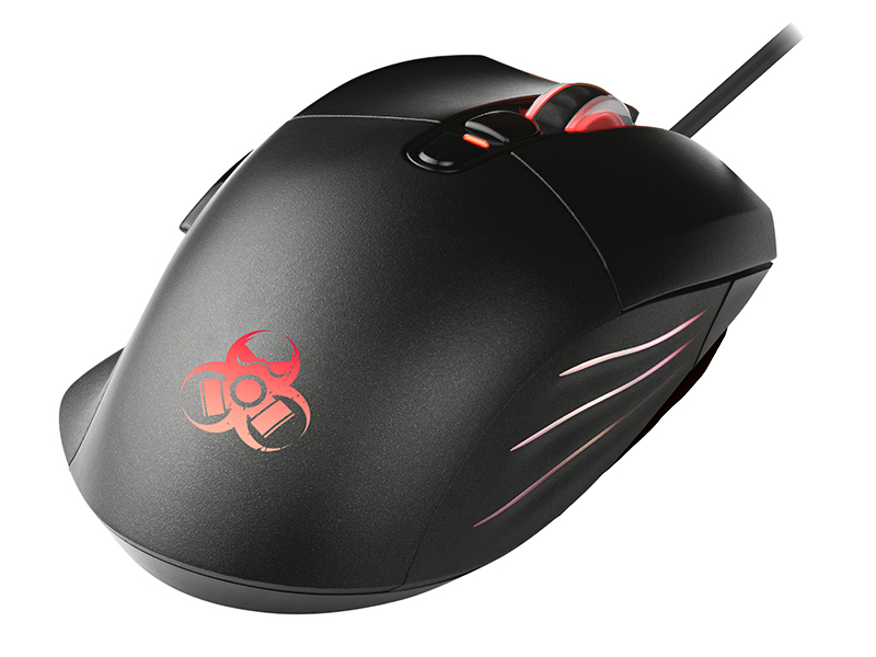Czarna mysz do gier z czerwonymi akcentami. Widok z boku. Czarne tło.