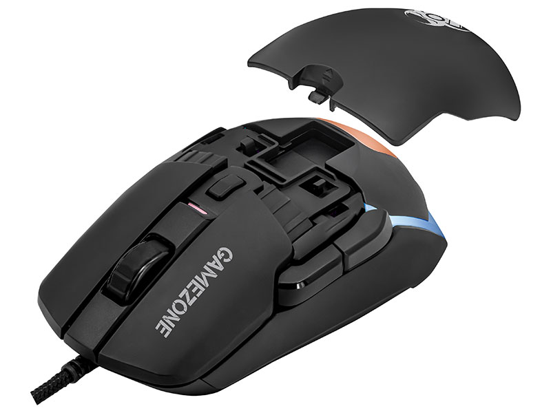 Czarna mysz gamingowa z usuniętą górną pokrywą, odsłaniająca komponenty wewnętrzne.