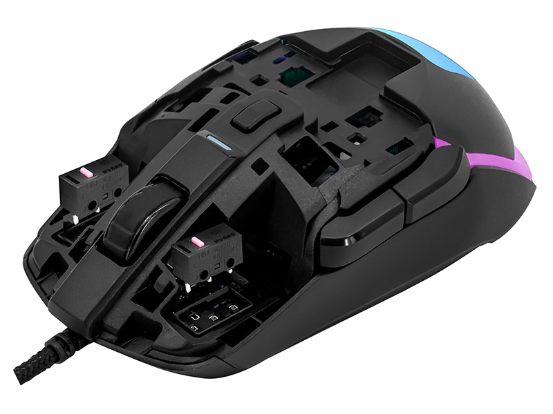 Mysz gamingowa z usuniętą górą, pokazująca wewnętrzną strukturę i komponenty.