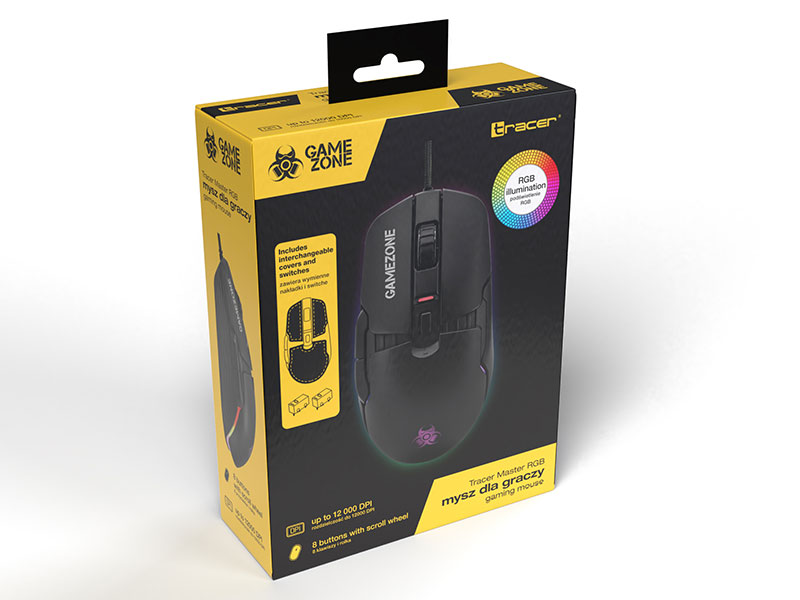 Pudełko myszy gamingowej. Czarna mysz z przodu, cechy i branding na pudełku.