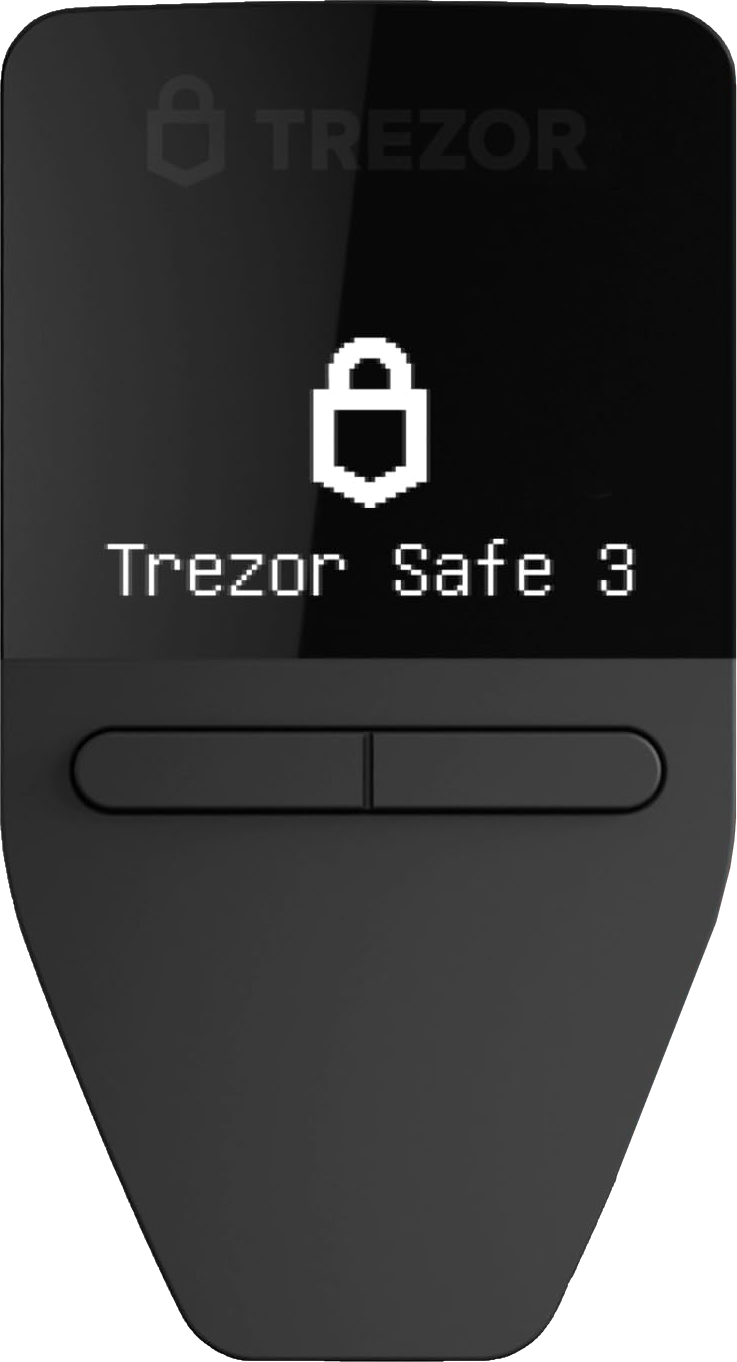 Schwarze Hardware-Wallet, die 'Trezor Safe 3' mit einem Schloss-Symbol anzeigt.