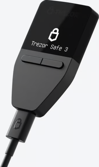 Schwarze Hardware-Wallet, 'Trezor Safe 3', mit dem Schloss-Symbol.