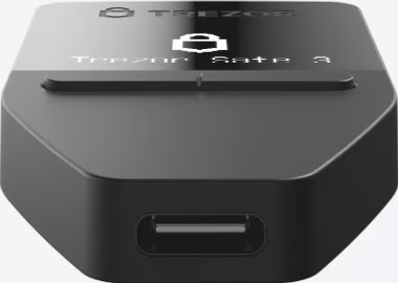 Schwarze Hardware-Wallet, 'Trezor Safe 3', mit einem USB-Anschluss.
