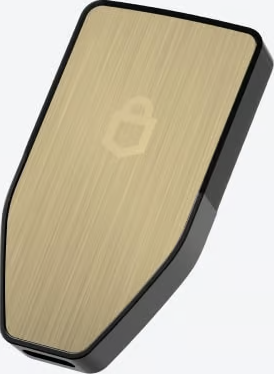 Goldfarbene Hardware-Wallet mit schwarzem Rahmen, schräge Ansicht.