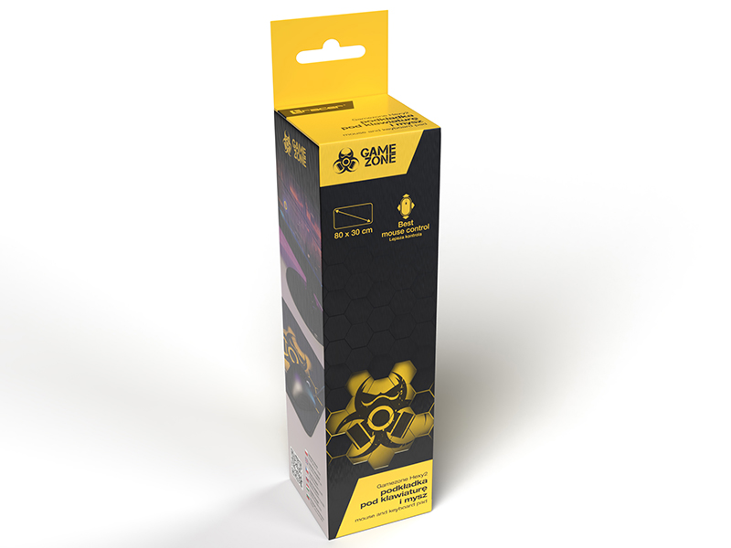 Pudełko na podkładkę pod mysz z żółtym wzorem i logo. Białe tło.