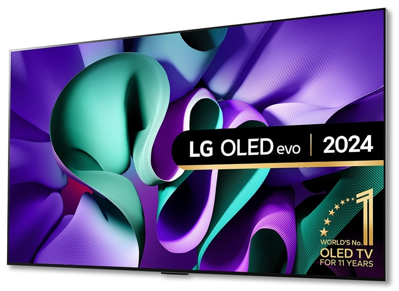 Duży telewizor LG OLED z nazwą marki, funkcjami i kolorowym, abstrakcyjnym wzorem na ekranie.