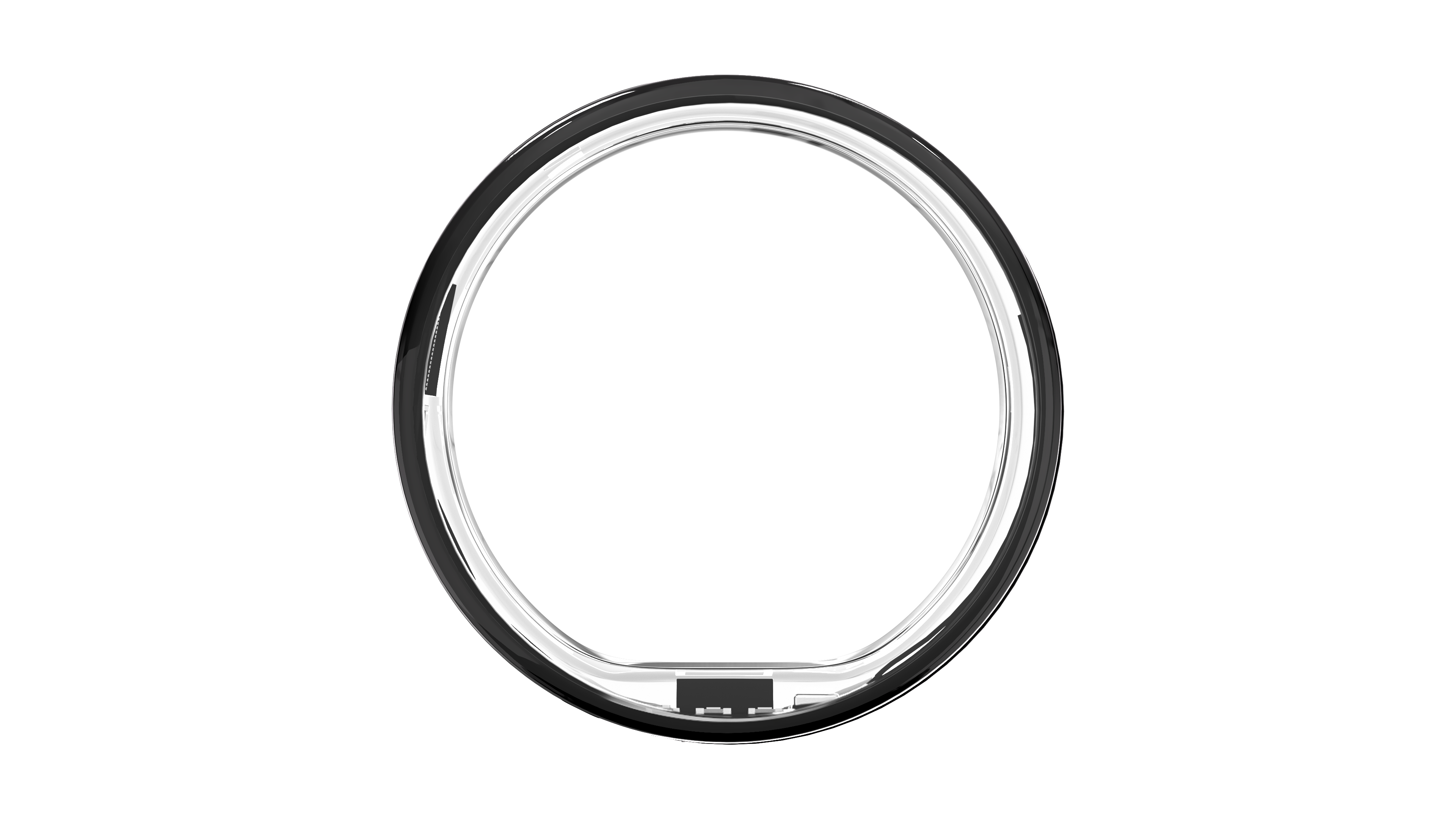 Czarny pierścień z metalicznym srebrnym wnętrzem. Pierścień jest okrągły i ma mały prostokątny fragment na środku.