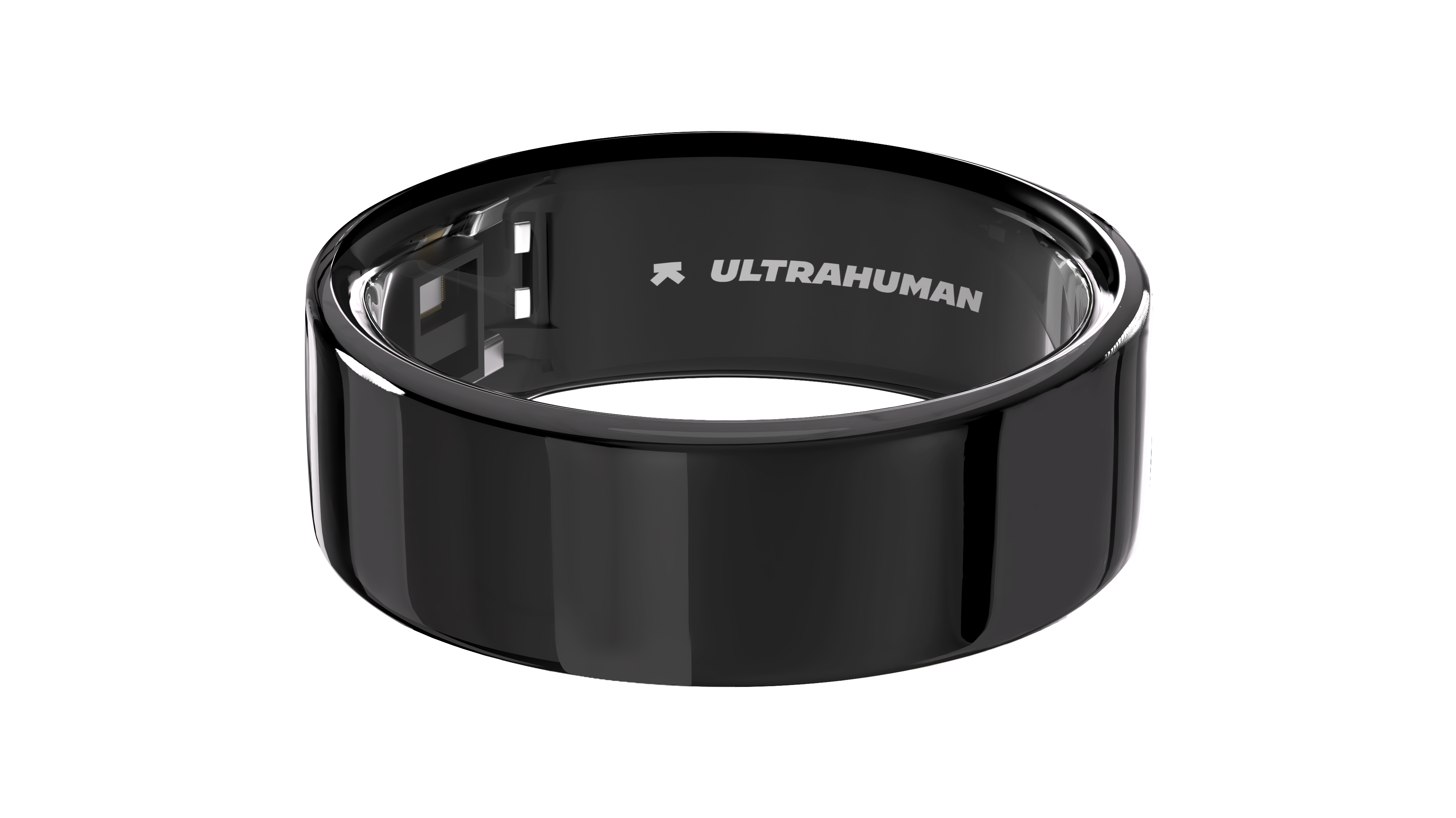 Czarny pierścień z napisem 'ULTRAHUMAN' wewnątrz. Pierścień jest błyszczący. Czarne tło.