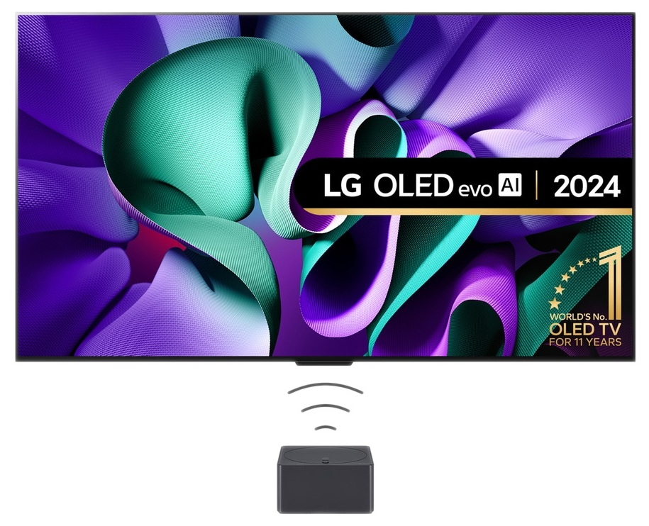 Telewizor wyświetlający kolorową grafikę i czarny box z sygnałem Wi-Fi.