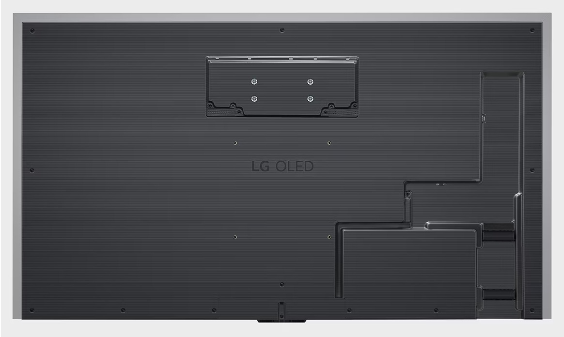 Tył telewizora ze srebrną ramką, etykietą LG OLED i punktami montażowymi.