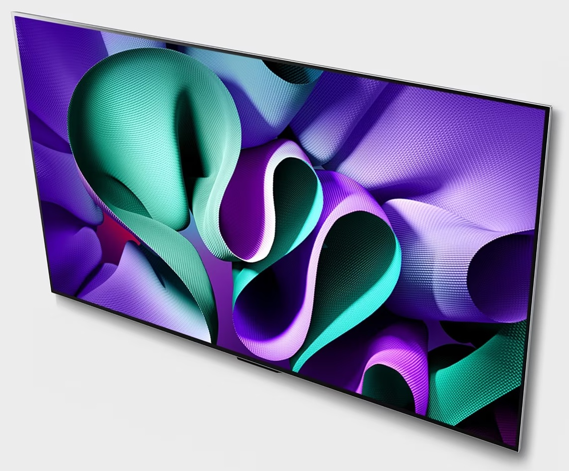 Telewizor ze srebrną ramką wyświetlający kolorową grafikę.