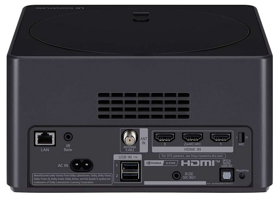 Tył czarnego urządzenia audio LG z różnymi portami: LAN, HDMI, USB i anteną.