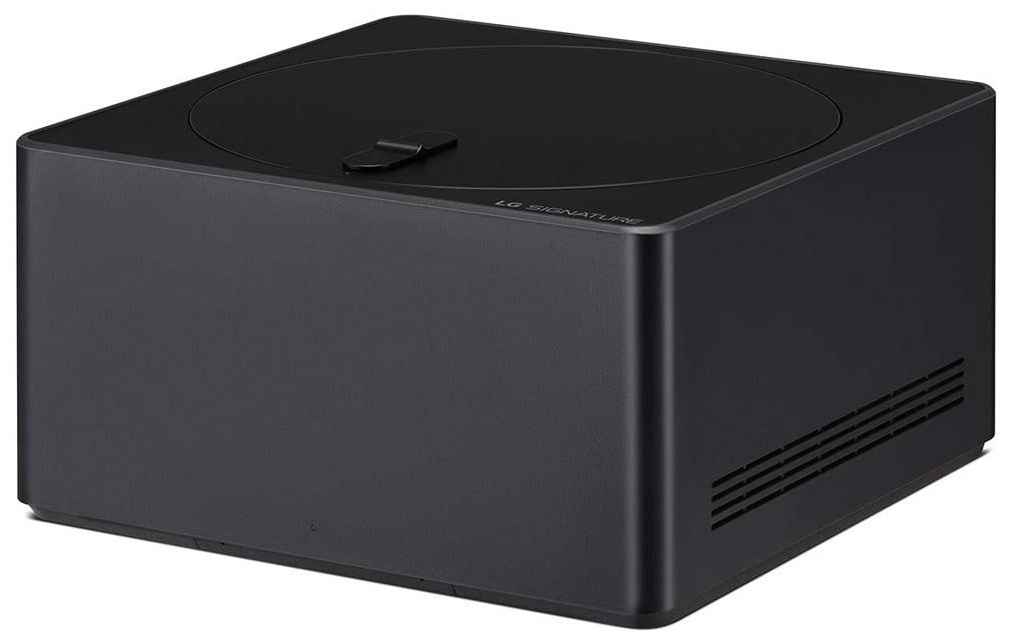Czarne, prostokątne urządzenie audio LG z okrągłym otworem na górze.