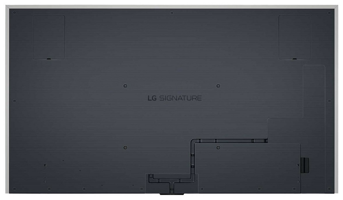 Tył telewizora z marką LG Signature. Ciemnoszara powierzchnia z portami i różnymi elementami.