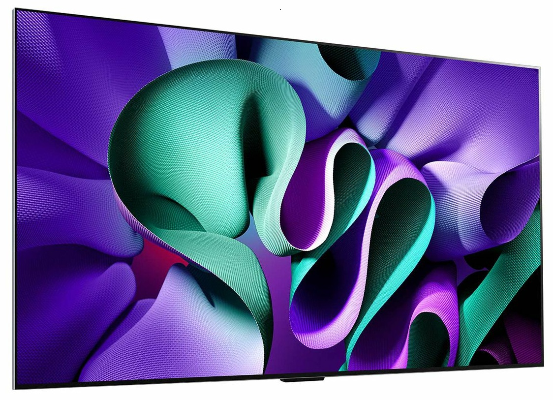 Telewizor z abstrakcyjną grafiką. Fioletowe i turkusowe kształty na czarnym tle.