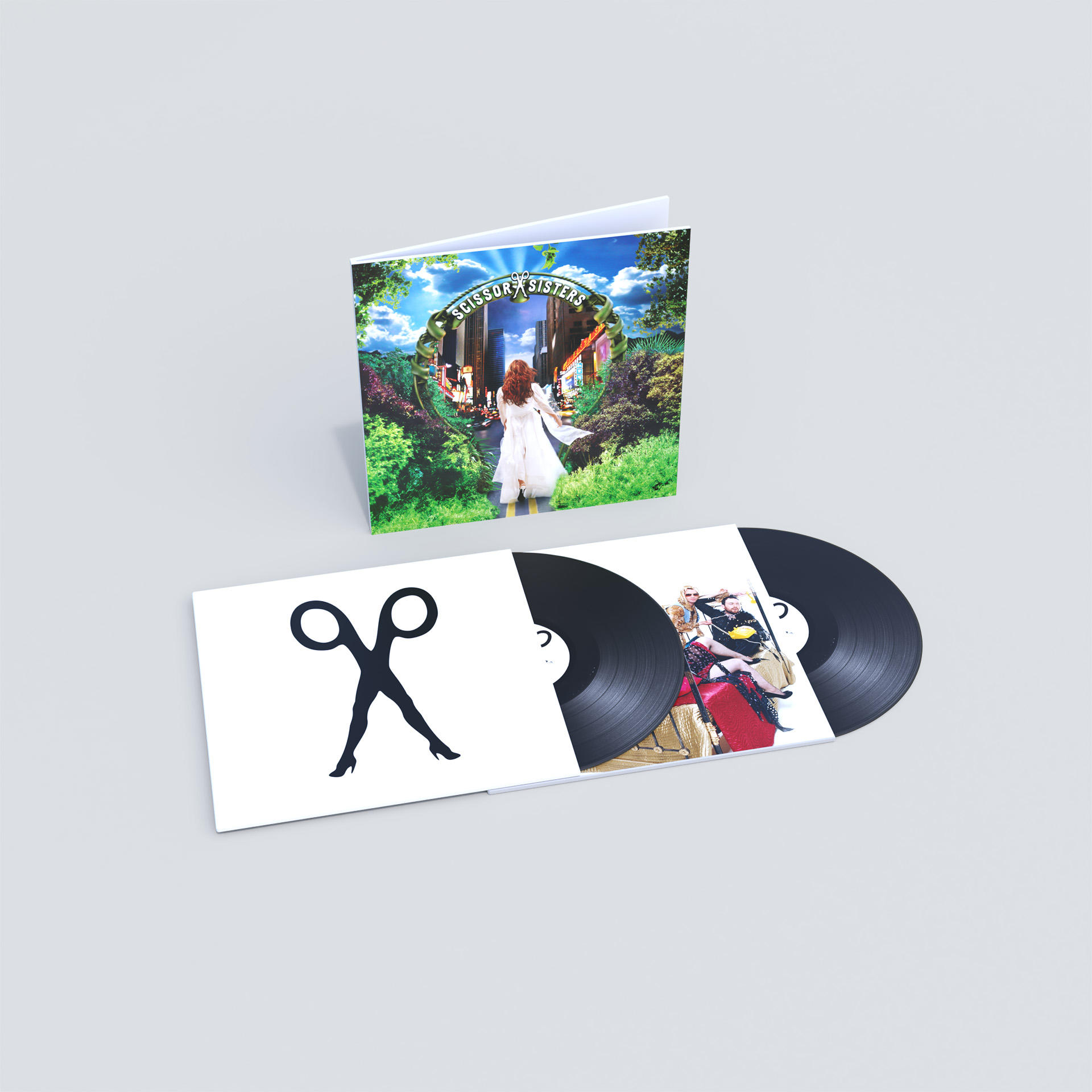 Albumcover, zwei Vinylplatten und eine Scheren-Grafik auf weißem Hintergrund.