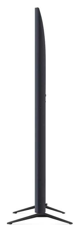 Widok z boku cienkiego, czarnego telewizora LG z podstawką.