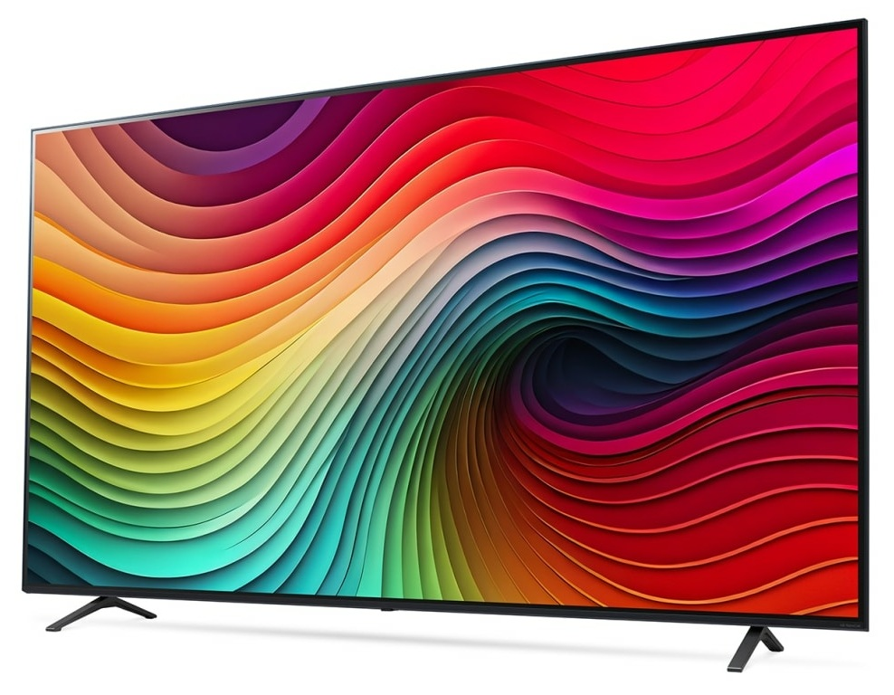 Szeroki telewizor LG z kolorowym, falistym ekranem.