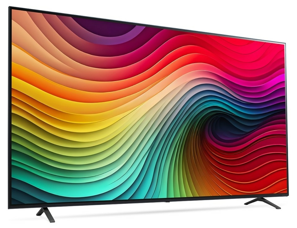 Szeroki telewizor LG z kolorowym, falistym ekranem.