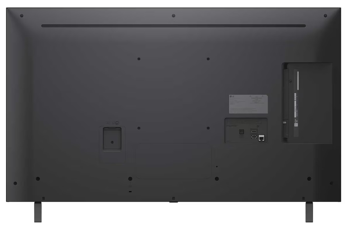 Ekran telewizora pokazujący kolorową przędzę. Telewizor stoi na stojaku z dwiema nogami.