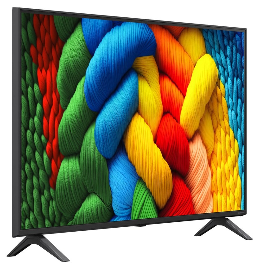 Telewizor wyświetlający kolorowy, abstrakcyjny wzór przeplatanych pasm w kolorze niebieskim, zielonym i żółtym.