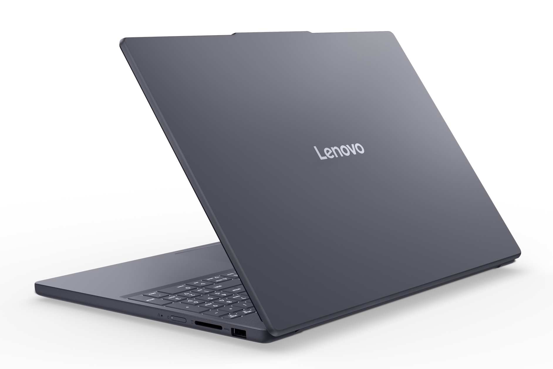 Szary laptop Lenovo, lekko otwarty, widoczna klawiatura. Logo Lenovo na pokrywie. Czarne tło.