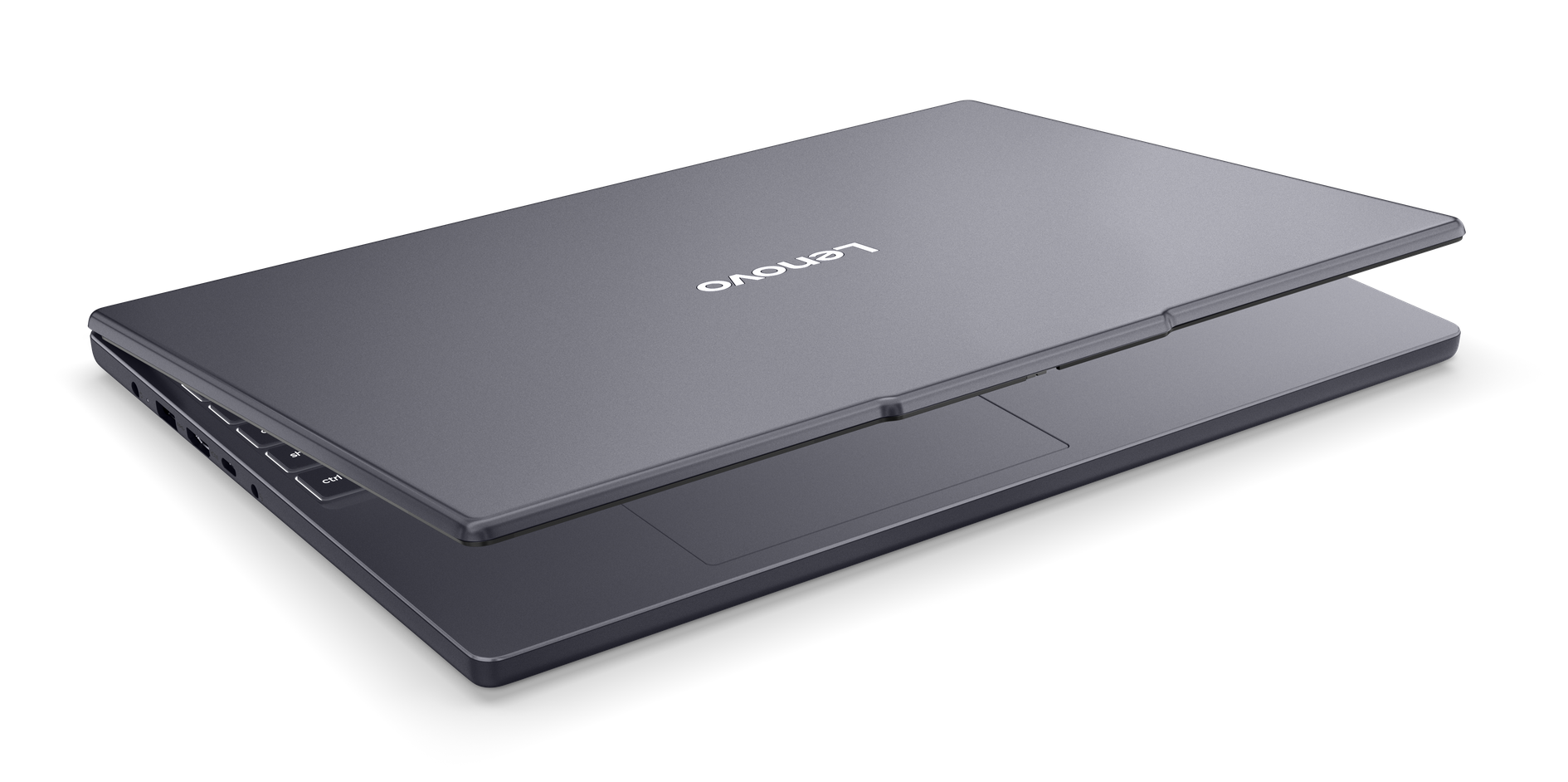 Szary laptop Lenovo, częściowo otwarty. Klawiatura widoczna. Logo Lenovo na górnej pokrywie. Czarne tło.