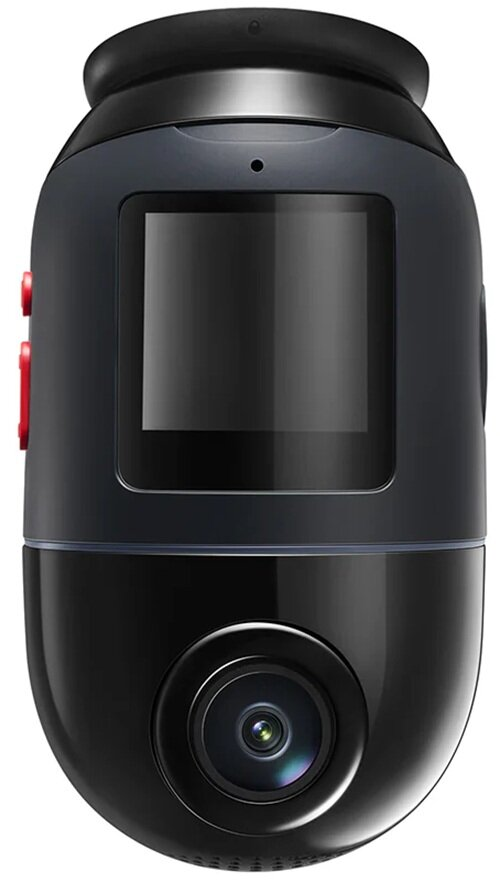 Zbliżenie czarnej kamery samochodowej. Ma ekran, obiektyw i czerwone przyciski z boku.