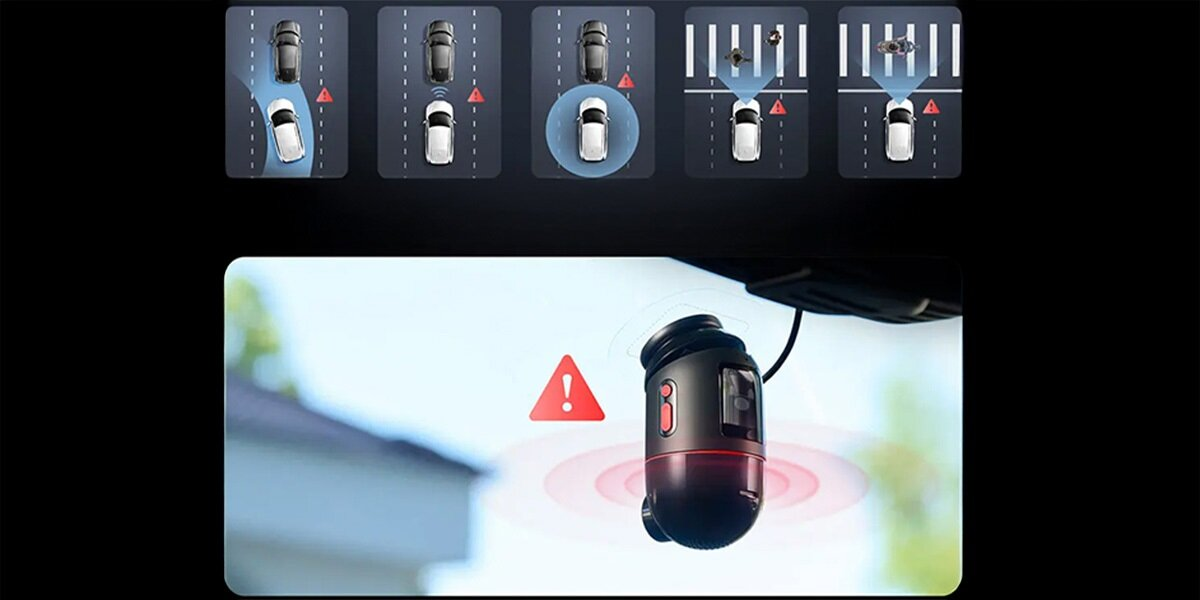 Schematy systemu bezpieczeństwa samochodu i kamera samochodowa z czerwonym ostrzeżeniem. Scenariusze drogowe i ikona ostrzeżenia.