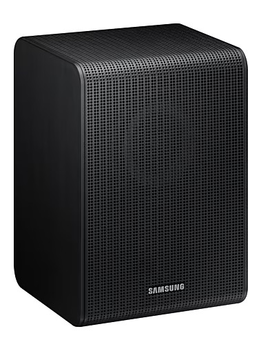 Czarny głośnik Samsung z zaokrąglonymi krawędziami. Ma teksturowany przód i logo Samsung.