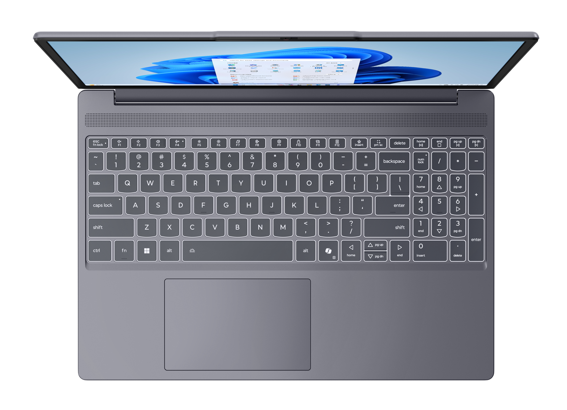 Szary laptop Lenovo, otwarty, widok z góry na klawiaturę i ekran. Interfejs Windows 11. Czarne tło.