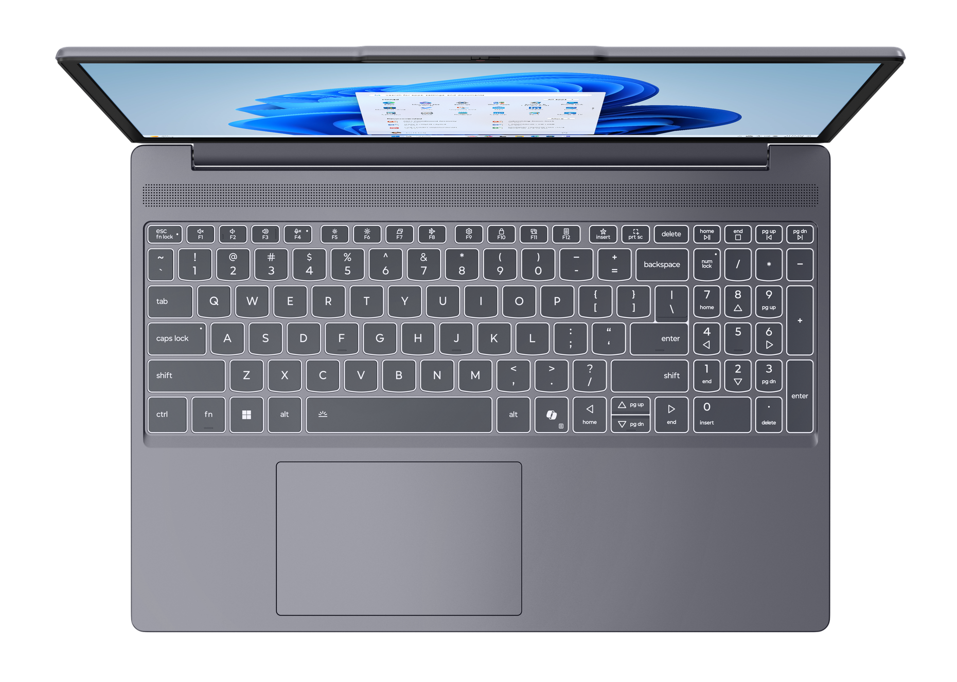 Laptop, widok z góry, otwarty, klawiatura widoczna. Ekran wyświetla stronę. Szary kolor.