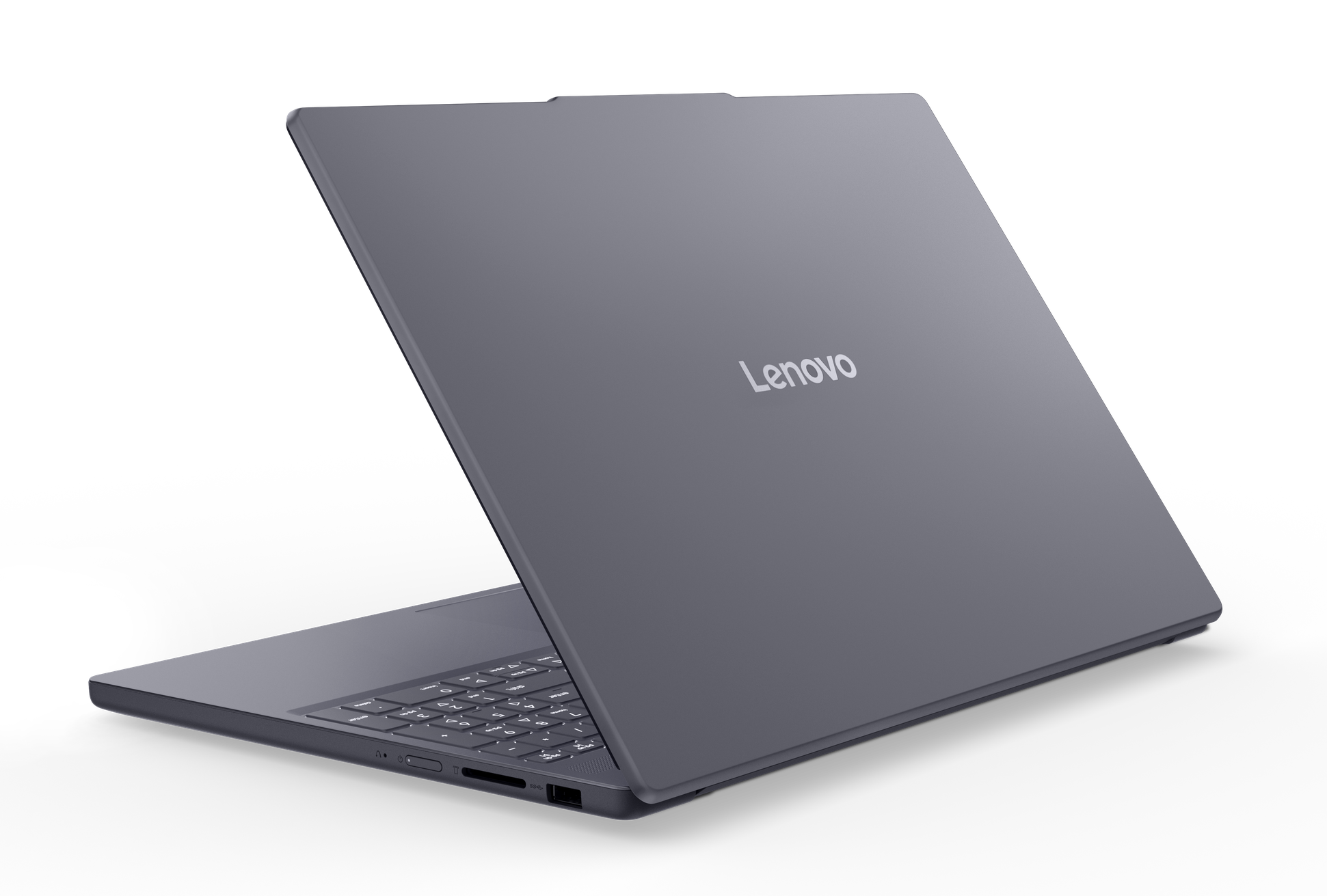 Szary laptop Lenovo, częściowo otwarty, widok z boku. Widoczne logo Lenovo. Czarne tło.