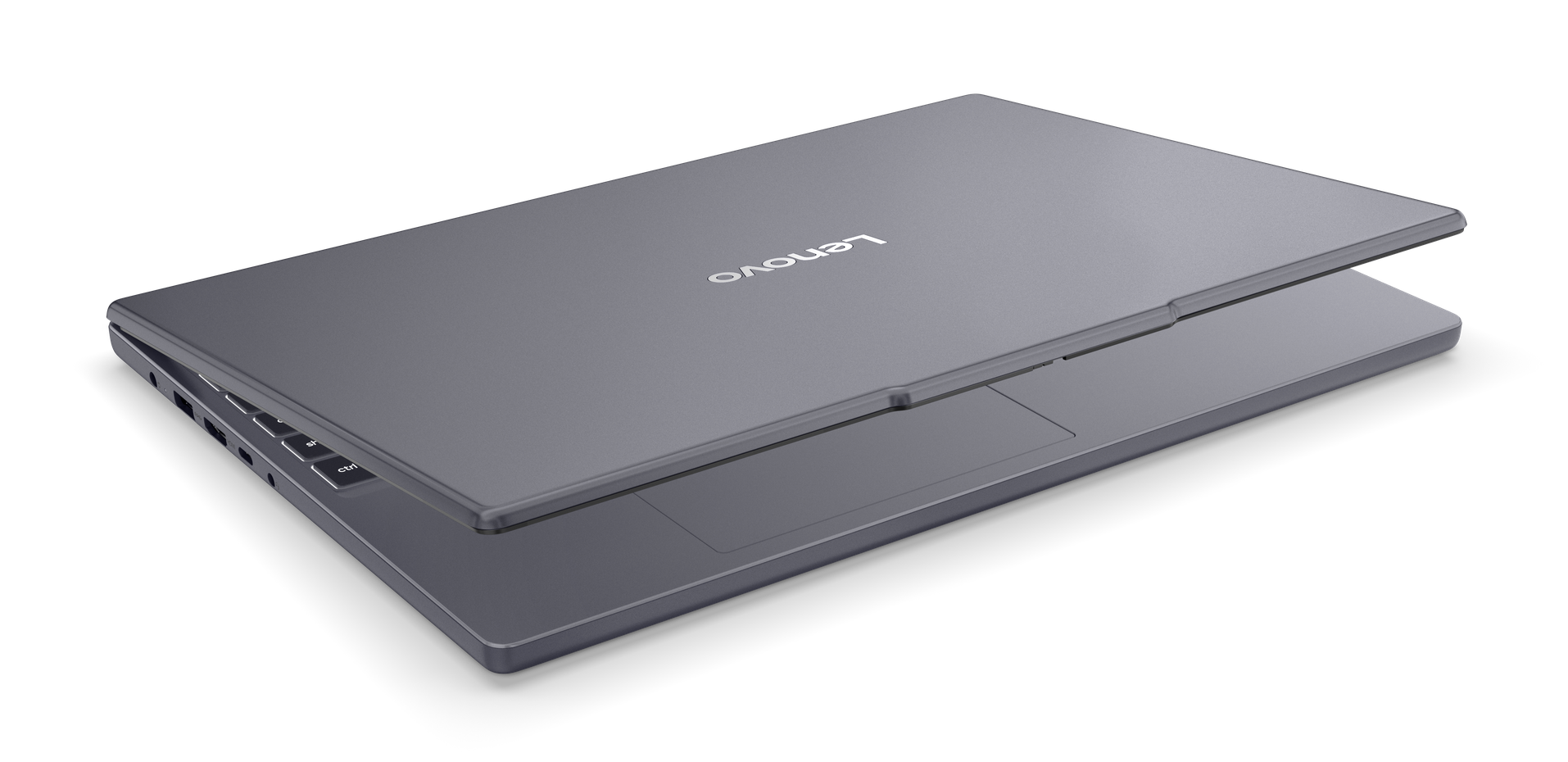 Szary laptop Lenovo, częściowo otwarty, widok z boku. Widoczne logo Lenovo. Czarne tło.