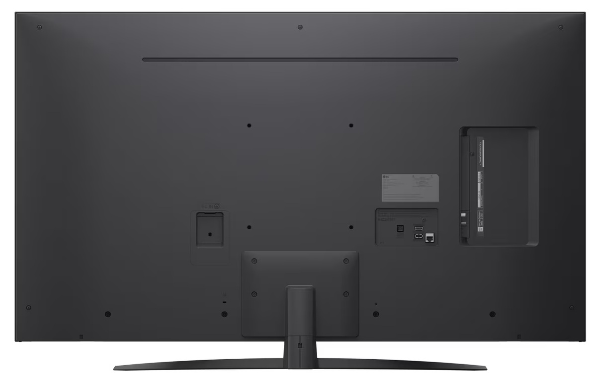 Tył ciemnoszarego telewizora LG z różnymi portami i podstawką.
