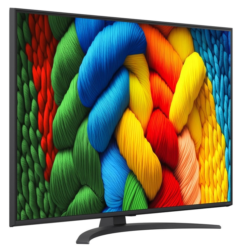 Ekran telewizora wyświetlający kolorowy, pleciony wzór liny. Czarna ramka i podstawa.