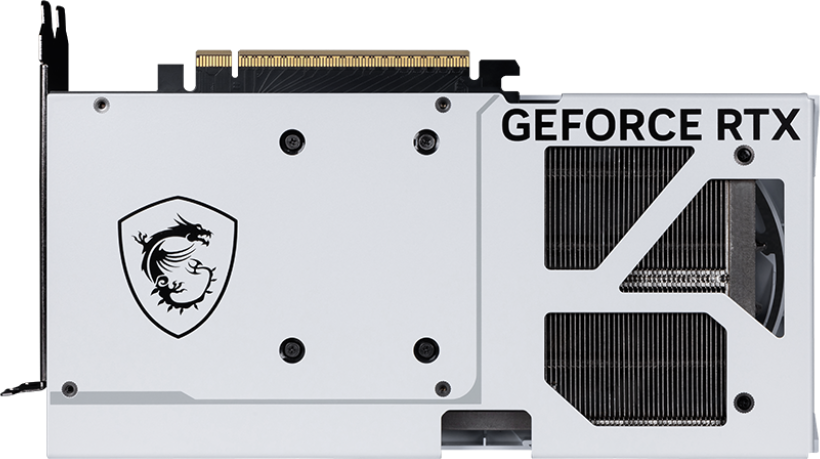 MSI Grafikkarte, Rückansicht. Weißes Gehäuse, schwarzes Logo. GeForce RTX Text. Schwarz.