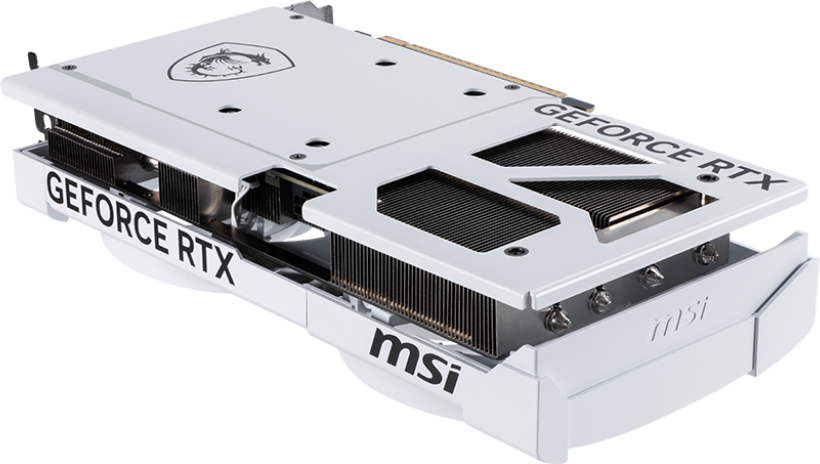 MSI Grafikkarte, schräge Ansicht. Weißes und schwarzes Gehäuse. GeForce RTX Text. Schwarz.