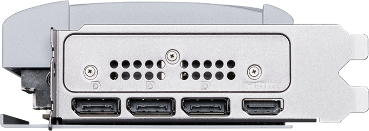 Grafikkarte, Rückansicht der Anschlüsse. Mehrere DisplayPorts und HDMI. Schwarzer Hintergrund.