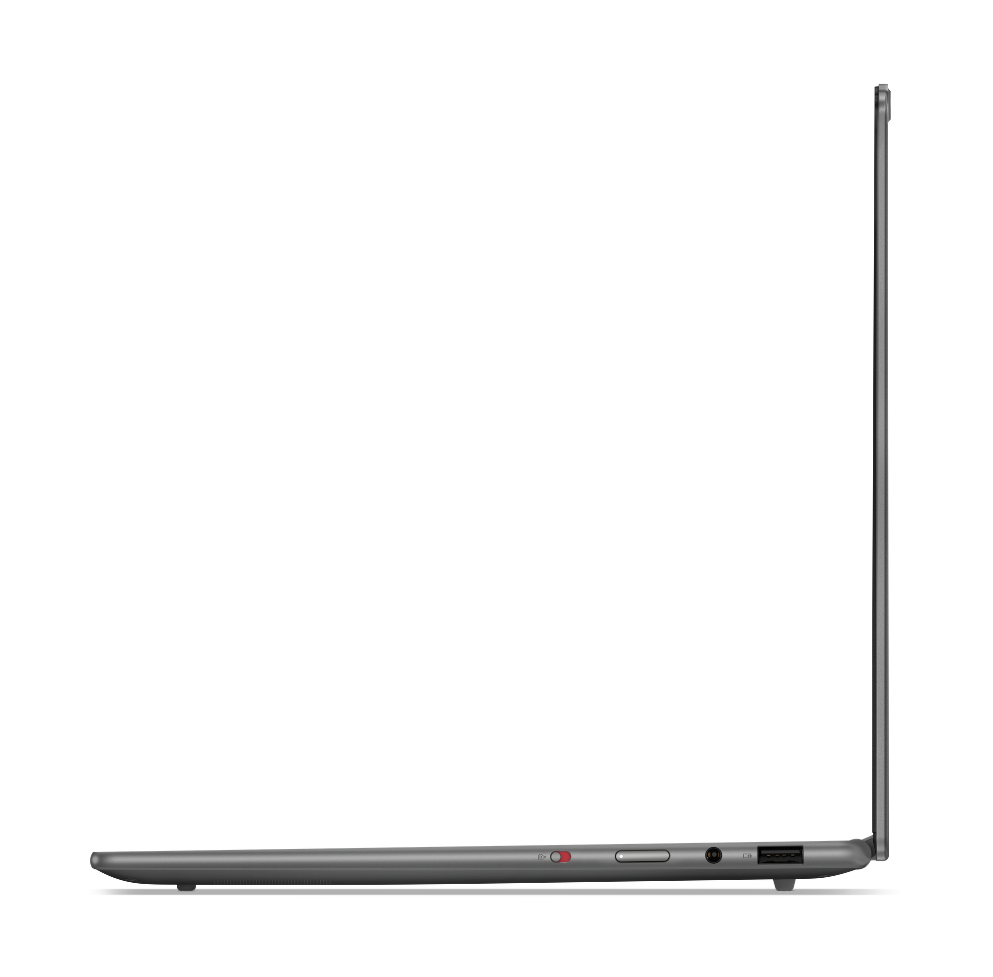 Widok z boku srebrnego laptopa, widoczne porty.