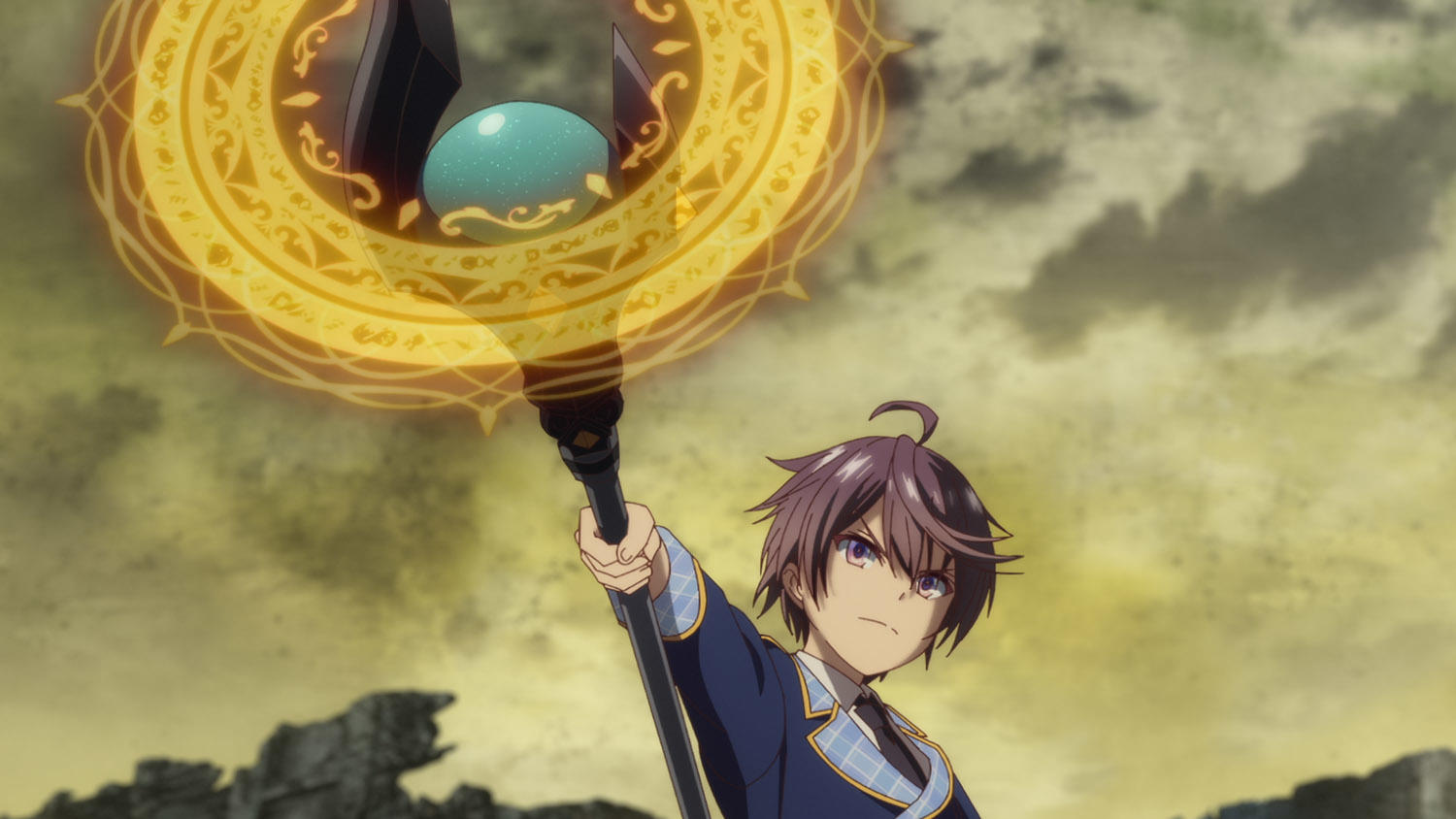 Anime-Charakter hält einen Stab mit einem leuchtenden Orb und einem goldenen Ring.