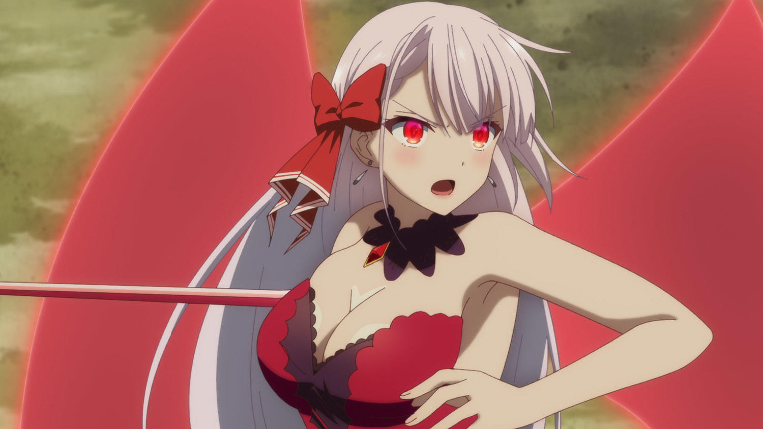 Anime-Charakter mit roten Augen und rotem Kleid. Hält eine Waffe.