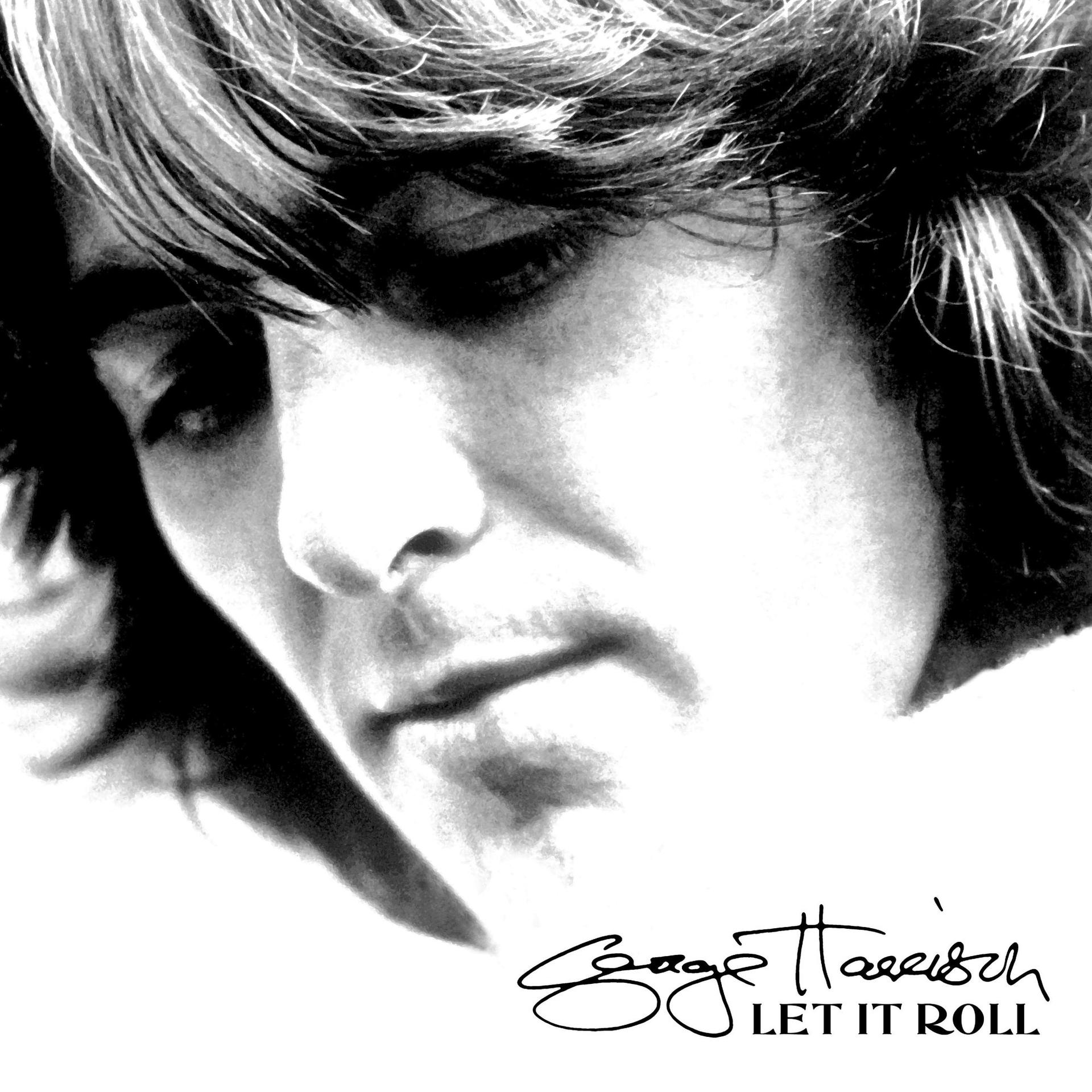 Schwarz-Weiß-Bild von George Harrisons Gesicht. Signatur und Text 'Let It Roll' darunter.