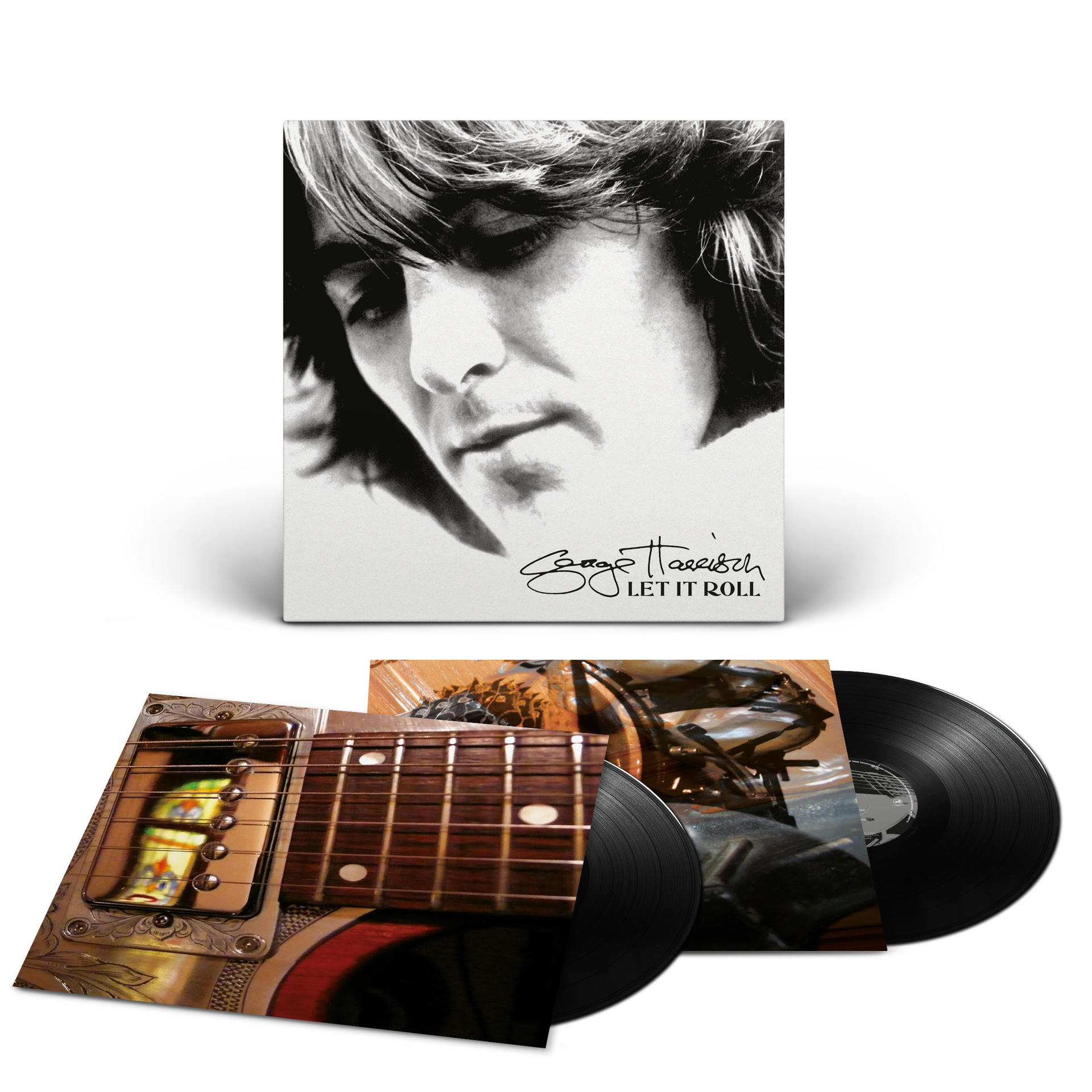 Albumcover: George Harrison, 'Let It Roll'. Bild von Harrison und Schallplatten in einem Koffer.