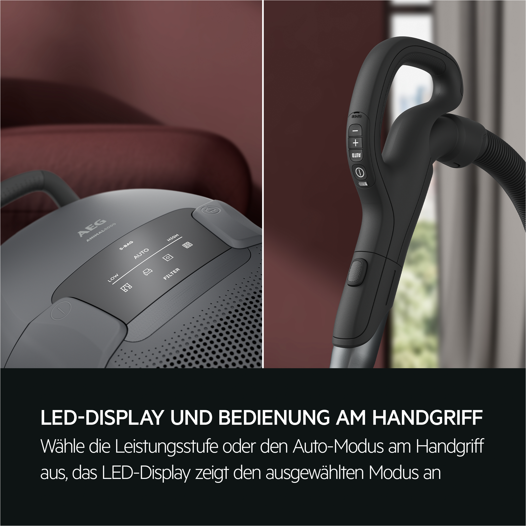 Staubsauger-Komponenten. Text: LED-Display und Bedienung am Griff.