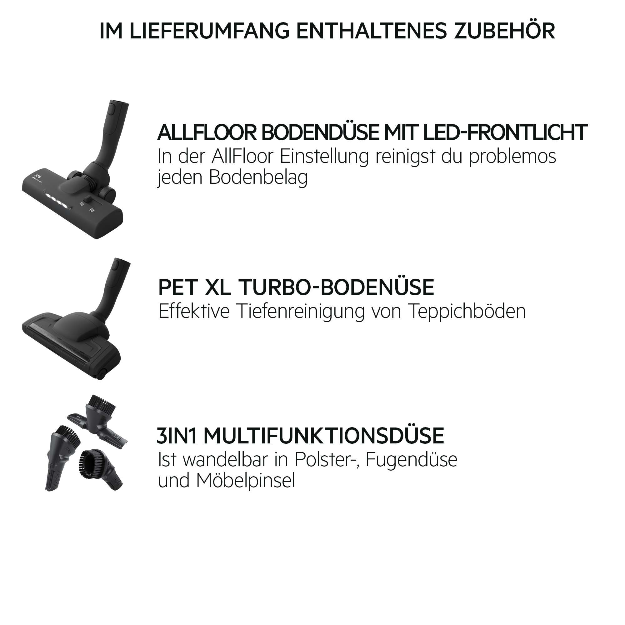Staubsauger-Aufsätze. Text: Mitgeliefertes Zubehör.