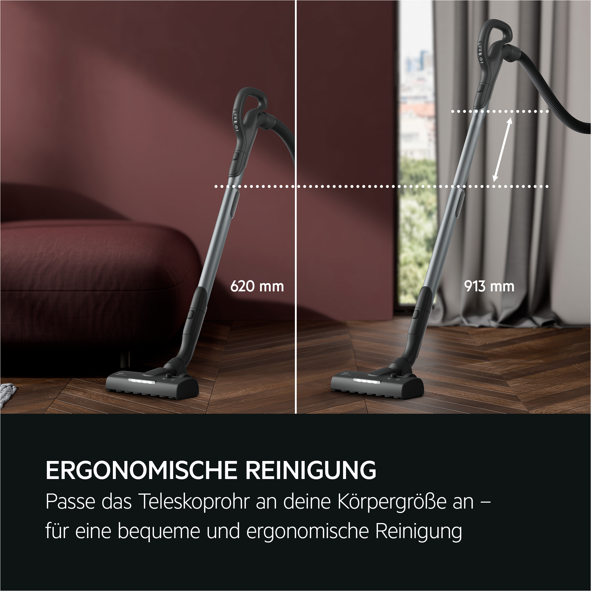 Staubsauger-Rohrverstellung. Text: Ergonomische Reinigung, verstellbares Rohr.