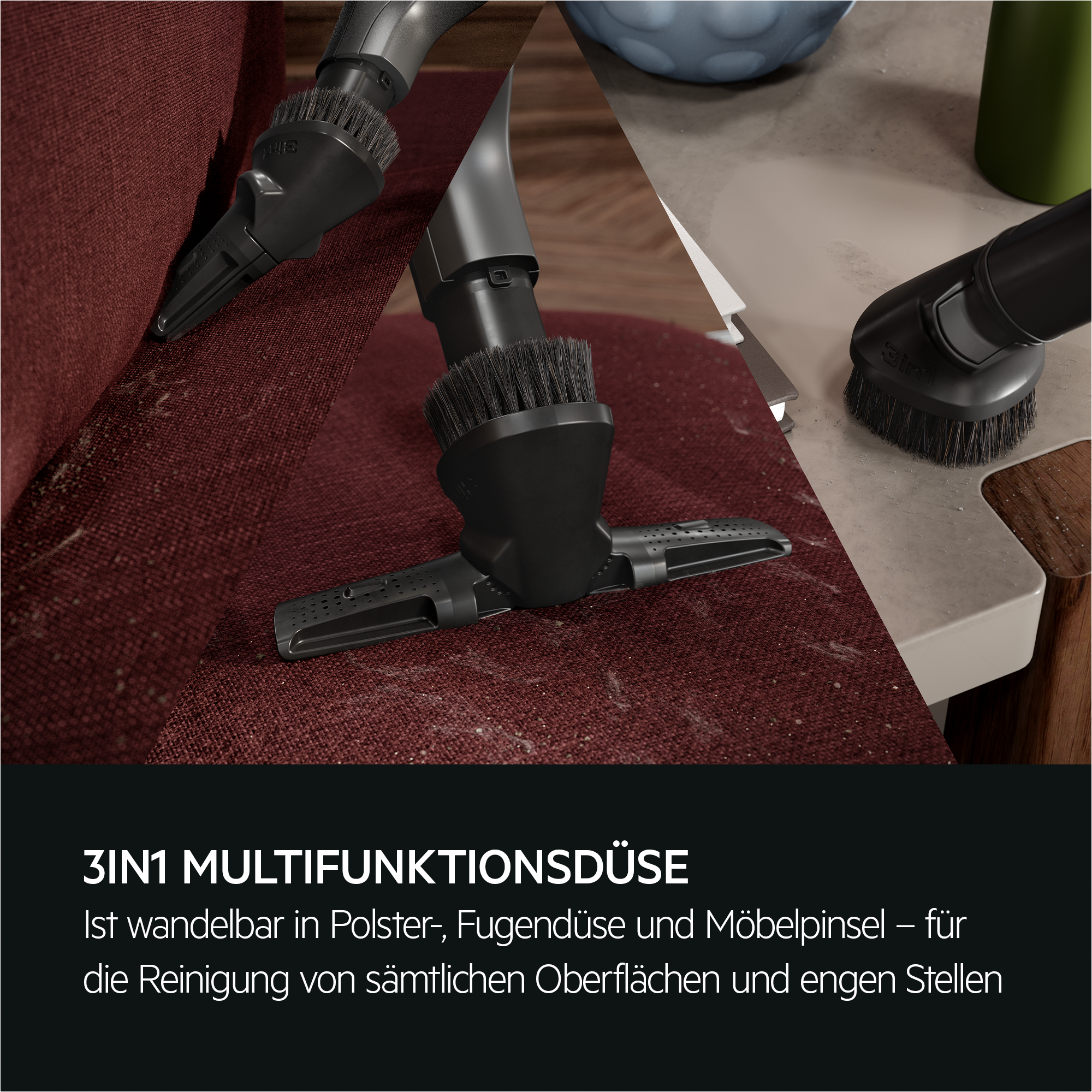 Staubsauger-Aufsätze. Text: 3-in-1 Multifunktionsdüse zur Reinigung.