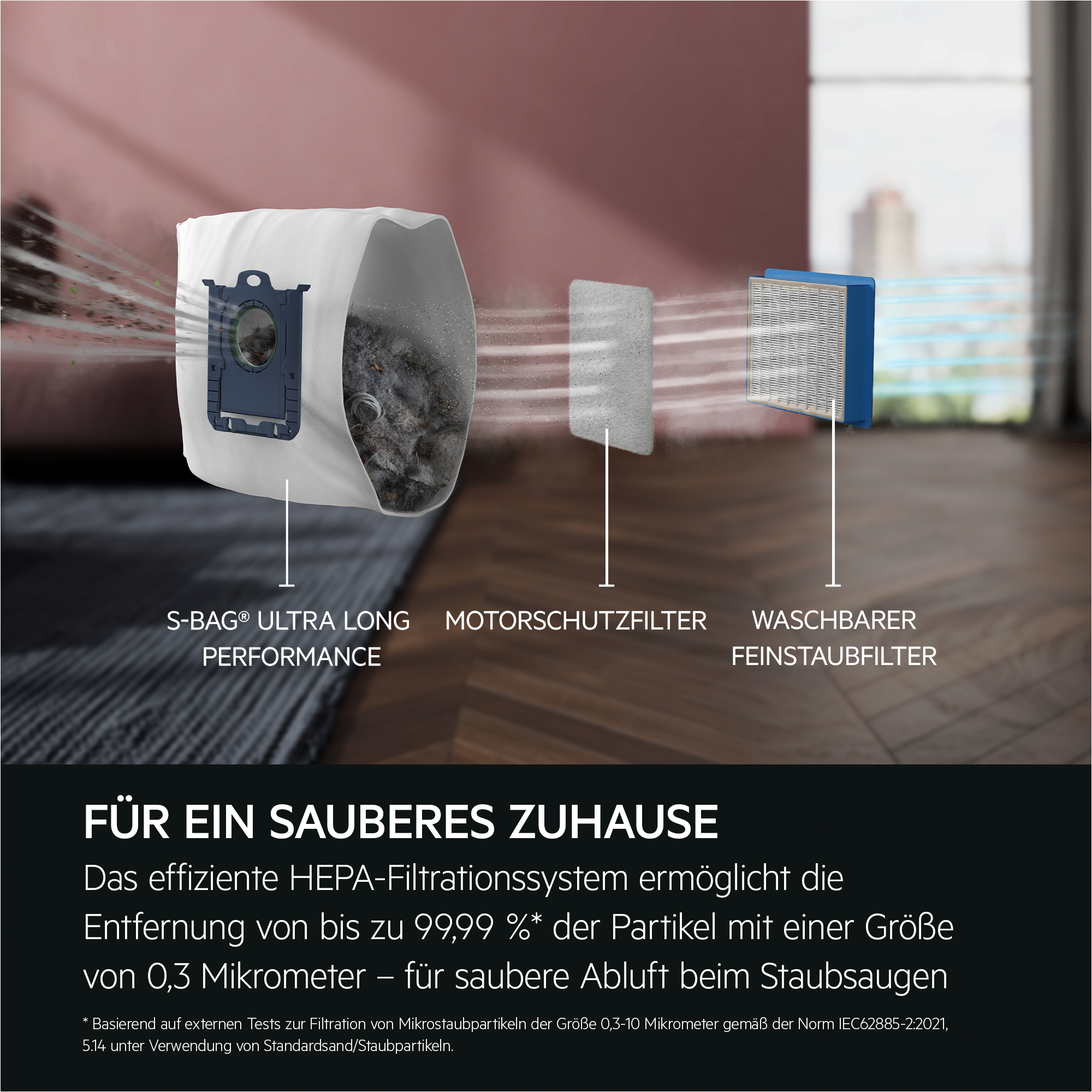Staubsauger-Komponenten. Text: HEPA-Filtersystem für saubere Luft.