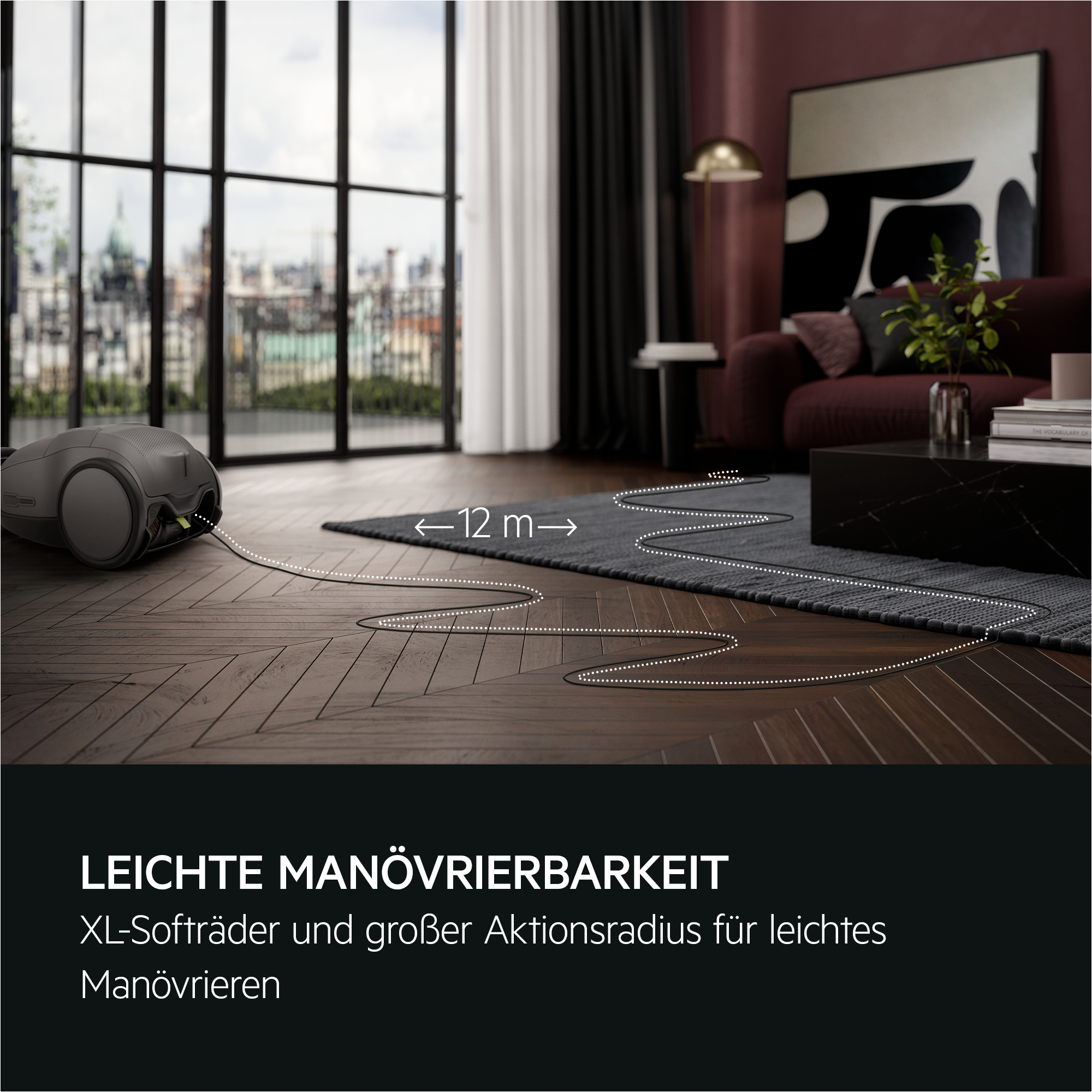 Staubsauger und Netzkabel. Text: Leichte Manövrierbarkeit, 12 m Radius.